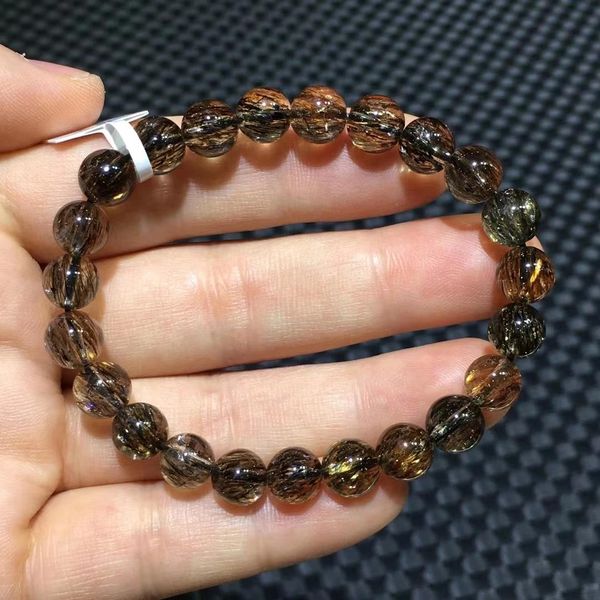 Brazalete de Cuarzo rutilado de cobre rutilado de oro negro Natural, pulsera de Cuarzo rutilado de 8mm, cuentas redondas transparentes para mujer y hombre, pulsera Super 7 Seven AAAAAA