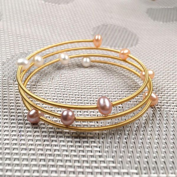 Bracelet Perle D'eau Douce Naturelle Bracelets Réglable En Alliage De Fer Trois Couches Du Bracelet Charme Bijoux Pour Femmes Taille 7-8mm Raym22