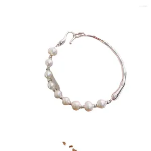 Brazalete Pulsera de plata con perlas naturales de agua dulce S925 Sterling Irregular Branch Half Ring para mujer