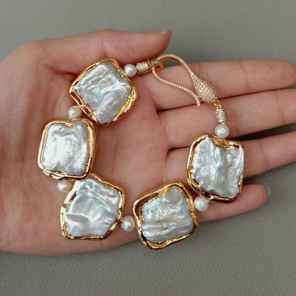 Bracciale rigido geometrico naturale quadrato bianco Keshi perla placcato color oro Bracciale 8 