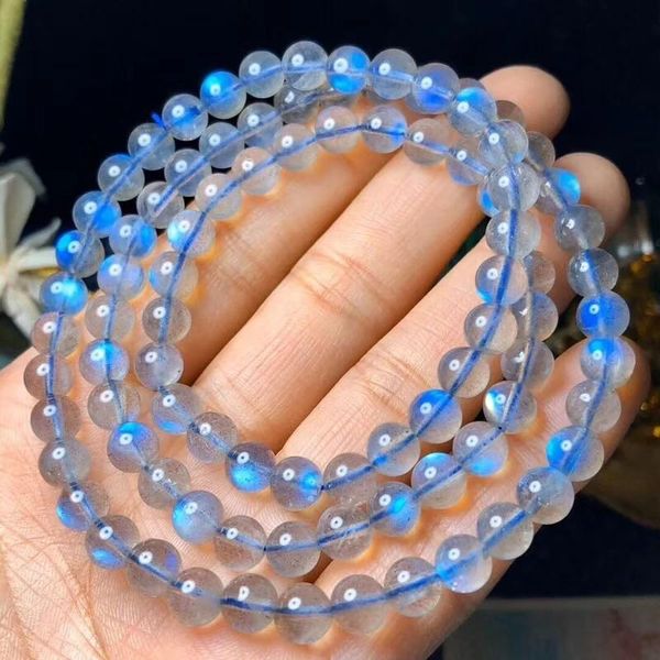 Bracelet naturel Labradorite lumière bleue 3 tours Bracelet 6mm femmes hommes perles rondes claires collier pierre de lune grise AAAAA
