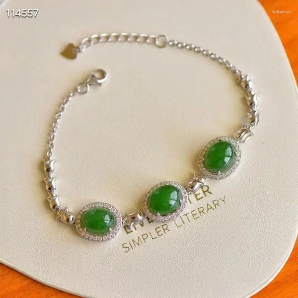 Brangle Natural Open 925 Bracelet en argent sterling incrusté vert ovale HETIAN Jade Temperament pour dames bijoux Bangles Bangles Gifles