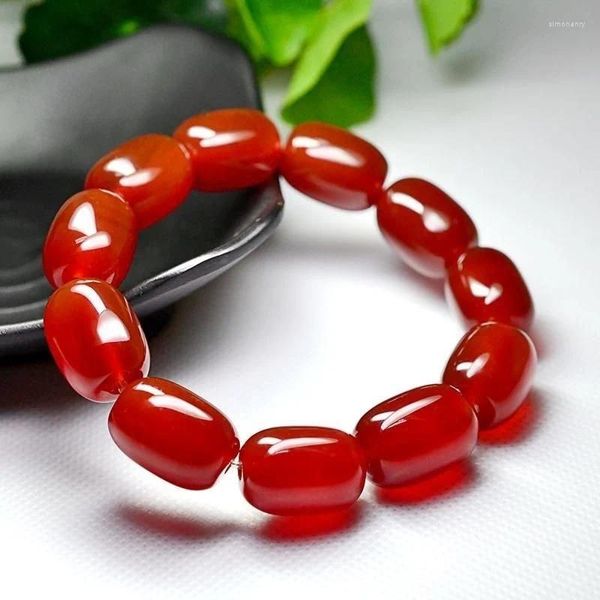 Brazalete Pulsera de cuentas de cubo de ágata roja natural para parejas masculinas Año primordial Tambor Personalidad femenina