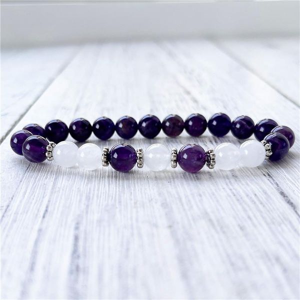 Bracelet en pierre naturelle améthystes et bracelet en jade blanc cristaux violets maintiennent l'équilibre énergétique poignet Mala bijoux meilleur cadeau pour les femmes MY