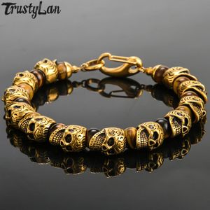 Bracelet Pierre Naturelle Crâne Perles Bracelet Hommes Plaqué Or En Acier Inoxydable Hommes Garçons Squelette Bracelets Biker Bijoux Meilleurs Amis Cadeaux