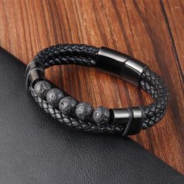 Bracelet en pierre volcanique naturelle, bracelet en cuir tressé pour hommes, boucle magnétique multicouche en acier inoxydable, cadeau de noël