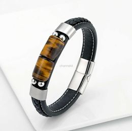 Bracelet Nouveau Lucky Board Bijoux Rétro Pierre Naturelle Oeil de Tigre Hommes En Acier Inoxydable Bracelet Pendentif Classique En Cuir Noir Lien Bracelet 240319