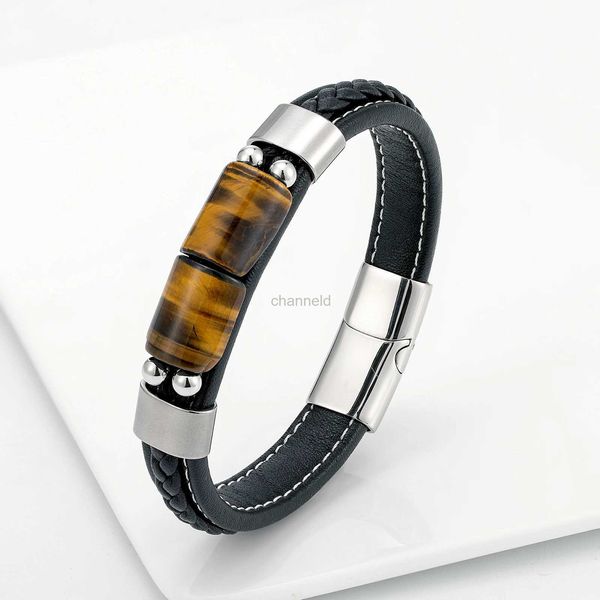 Bracelet Nouveau Lucky Board Bijoux Rétro Pierre Naturelle Oeil de Tigre Hommes En Acier Inoxydable Bracelet Pendentif Classique En Cuir Noir Lien Bracelet 240319