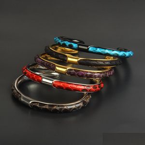 Bangle Nouveaux hommes et femmes bracelets de manchette ouverts en gros 5 pièces/lot en acier inoxydable peau de Python bracelet en cuir meilleur cadeau Bracelet Dhm24