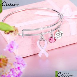 Bangle New Pink Ribbon Borstkanker Awareness Survivor Bedelarmband Uitbreidbaar Draad Moed Hoop Cadeau voor vrouwen Groothandel Drop De Dhwzr