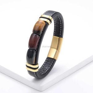 Brazalete NewMoon Forma 100% Piedra Natural Ojo de Tigre Joyería Vintage con Adorno Colgante Pulsera de Cordón de Cuero Ancho Pulsera de Acero Inoxidable 316L Unisex 240319