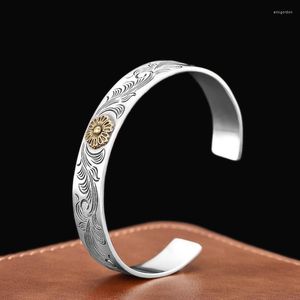 Bangle NY Rétro Vintage Sculpté Rose Fleur Herbe Motif Bracelet Avec Plume Personnalisée Plat Ouvert Bouche