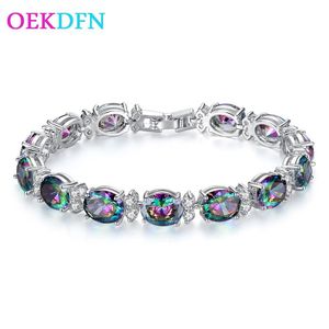 Bangle OEKDFN Boheemse 100% 925 Sterling Zilveren Armbanden Luxe Mystic Rainbow Topaz Edelsteen Bangle Charm Armband Fijne Sieraden