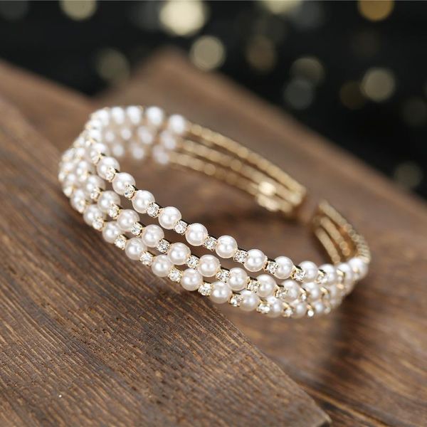 Brazalete Brazalete abierto Tres filas Pulsera de perlas Diamante de imitación con incrustaciones Ajustable para amigas Hermanas Madre e hija LL @ 17