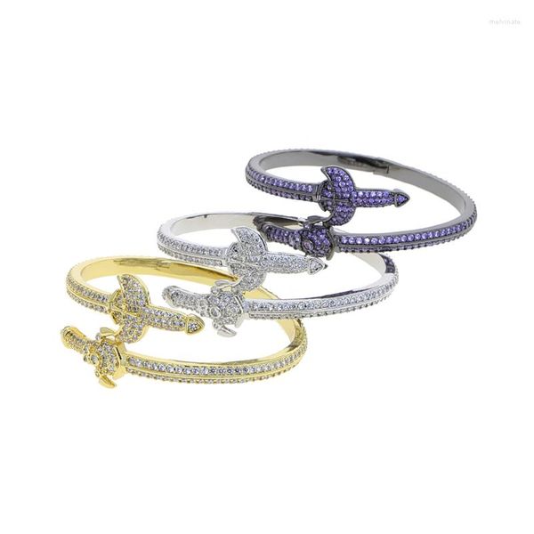 Bracelet ouvert Double tête épée Bracelet pour hommes femmes pavé Bling cubique zircone manchette Hiphop rappeur bijoux cadeaux en gros