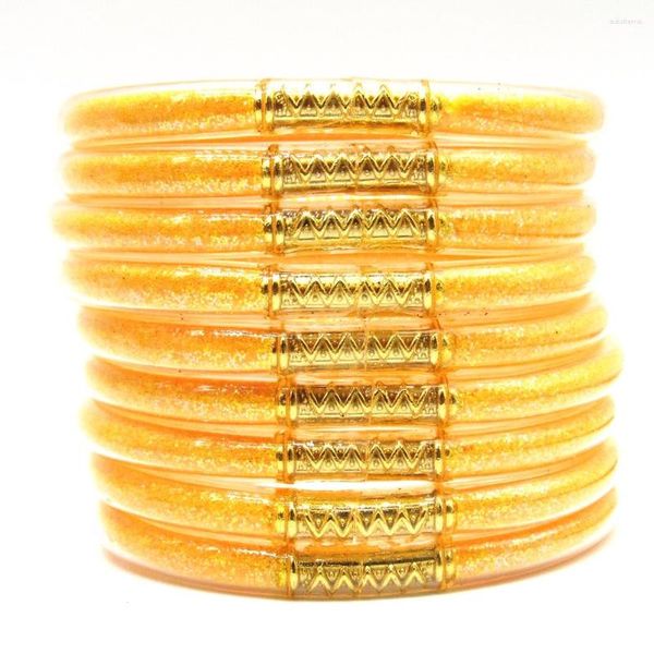 Brazalete de purpurina naranja en polvo relleno de gelatina transparente, Flash de silicona, 9 unidades/juego para mujeres y niñas, pulsera de moda para el día de la madre