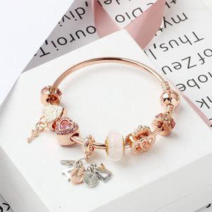 Brazalete Original Pandoras Moda S925 Plata Oro rosa Granos del encanto Corazón Cerradura Brazaletes Mujeres Cadena Carta Pulseras Joyería Regalo de vacaciones Raym