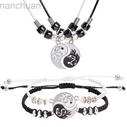 Bracelet Jumelé Pendentifs Collier pour Couples BFF Tai Chi Yin Yang Dragon Motif Chaîne Blanc Noir Amitié Colliers Bracelet Bijoux ldd240312