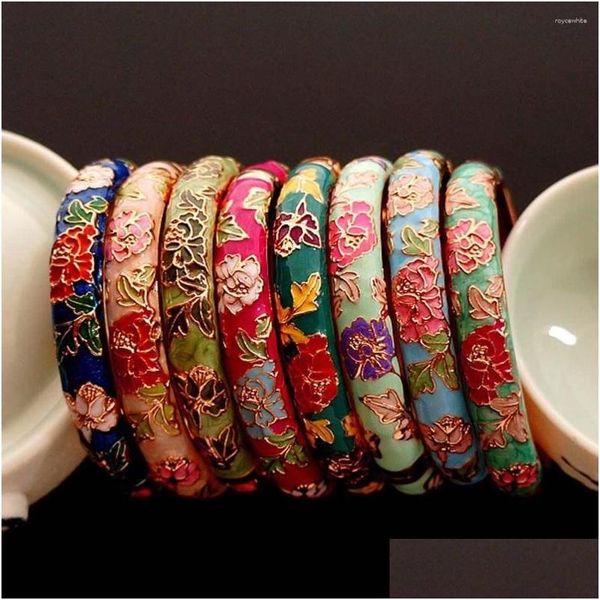 Bangle Peony Flower Chinois Filigree Cloisonne Email Traditionnel Tratefret Bangles ethniques pour femmes Bijoux de mode accessoires DHQO9