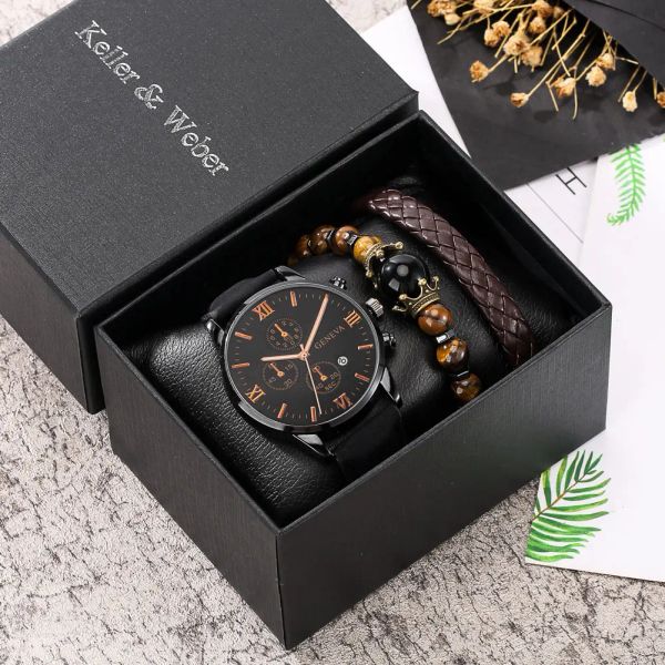 Brazalete Personalidad Reloj para Hombre Pulseras Set de Regalo Relojes de Cuarzo de Cuero con Fecha con Caja para Regalos de Novio Idea para el día del Padre