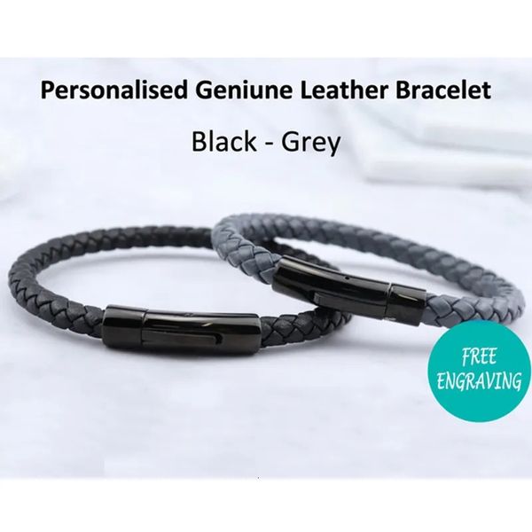 Bracelet personnalisé personnalisé graver mot en acier inoxydable en cuir véritable noir gris bracelet tressé corde aimant fermoir Valentines 231023