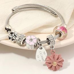 Bangle Roze Daisy Hanger Armband Mannen Verstelbare Roestvrij Stalen Armbanden Voor Vrouwen Pan Clover Bloem Charms Pulseras Kralen DIY Sieraden