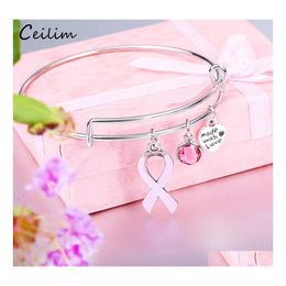 Bangle Pink Ribbon Borstkanker Bewustzijn Overlevende Braam Bracelet Uitbreidbare draad Courage Hope Gift voor vrouwen Groothandel Drop Delive Otbgz