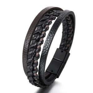 Bangle Pu Lederen Armband Manchet Zwart Mtilayer Gevlochten Magnetische Sluiting Knop Armbanden Voor Mannen Mode-sieraden Drop Levering Dhgxp