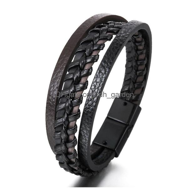 Bracelet Pu Bracelet En Cuir Manchette Noir Mtilayer Tressé Fermoir Magnétique Bouton Bracelets Pour Hommes Bijoux De Mode Drop Livraison Dhoyb