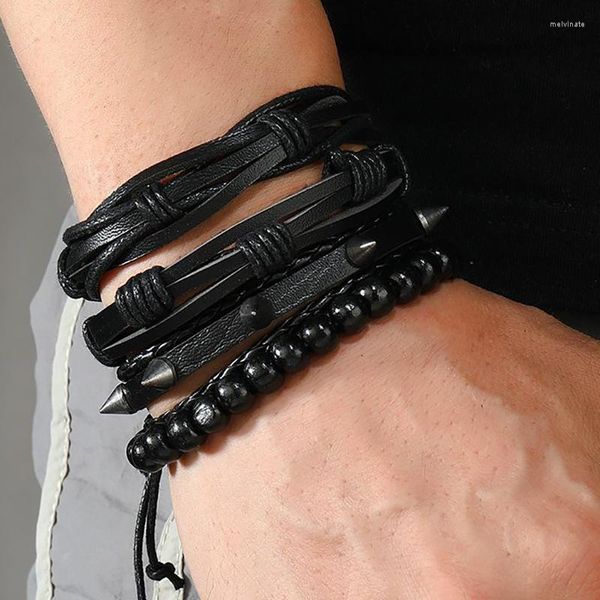 Brazalete Punk Pulsera de cuero para hombres Moda Spike Set Bola de madera Tire Cuerda Charm Joyería Amantes Regalo