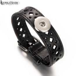 Bangle Punk Rock Hollow Out 008 Echt leer Fit 18mm Drukknoop Bangle Armband Charm Sieraden Voor Vrouwen Mannen Gift 24cm ldd240312