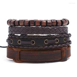 Bangle Punk Style 4pcs/Set Vintage meerlagige lager echte lederen armband mannen gevlochten handgemaakte houten kralen touw wrap armbanden mannelijk geschenk