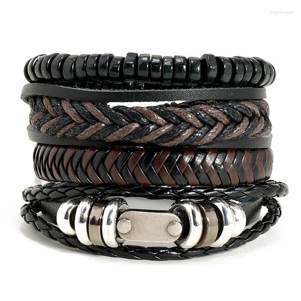 Brazalete Punk Vintage multicapa pulsera de cuero hombres moda hecha a mano trenzada madera cuentas cuerda envolver pulseras brazaletes regalo masculino