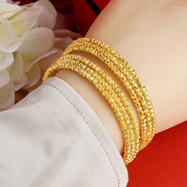 Brazalete de Color oro puro, pulseras de cuentas de tres líneas para mujer, venta al por mayor, brazalete plateado, accesorios de joyería de boda