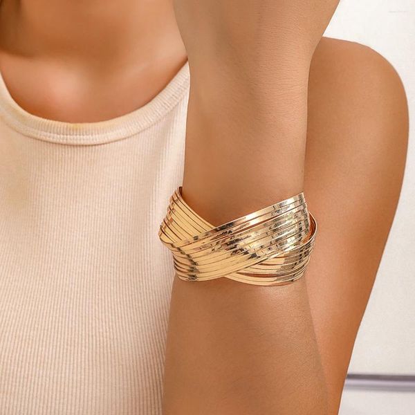 Brazalete Purui Color dorado con forma de cruz para mujer, brazaletes grandes de Metal con apertura amplia a la moda, joyería para fiesta de mujer