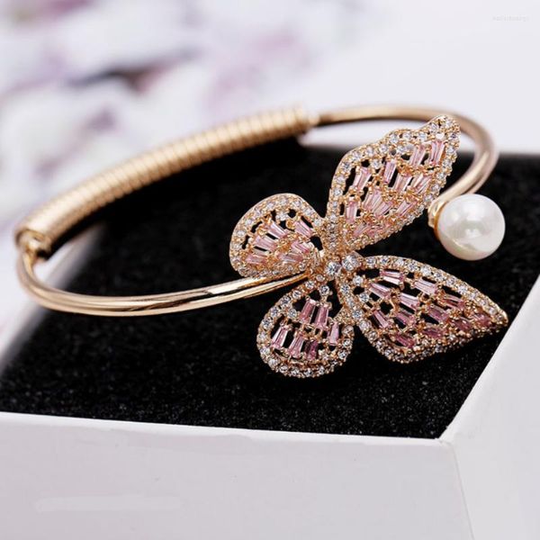 Brazalete RAKOL Zircon Butterfly Cuff Pulseras para mujer Cristal de lujo Cubic Zirconia Brazaletes de color oro rosa Moda Fiesta de graduación Joyería