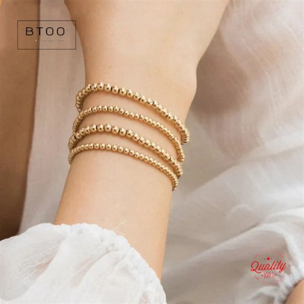 Bracelets de perles rondes remplies en or Real 14K Gol