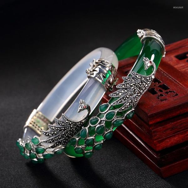 Bracelet en argent Sterling 925 véritable Bracelet femmes Thai calcédoine Jade rétro marcassite paon BraceletBangles bijoux fins