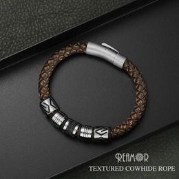 Bangle REAMOR Nieuwe Klassieke Mannen Handwerk Lederen Armband Rvs Matte Knop Sluiting Armbanden Sieraden Dropshipping