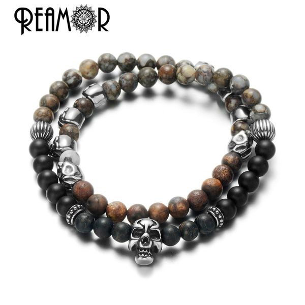 Bangle Reamor Punk Men Jewelry Stone Natural Pulsera de cuentas hechas a mano Cabeza de acero inoxidable Cabeza multicapa de pulseras de multicapa regalo