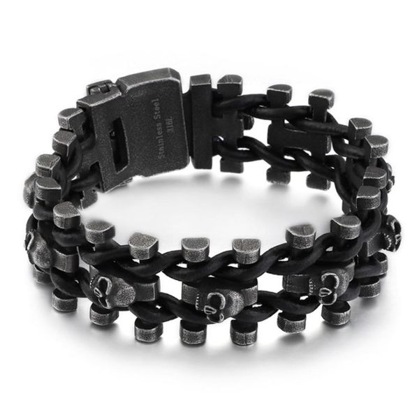 Brazalete Retro negro de acero inoxidable con calavera para hombre, pulsera para hombre, cadena de motorista Punk Rock, pulseras de esqueleto de cuero, joyería Hiphop