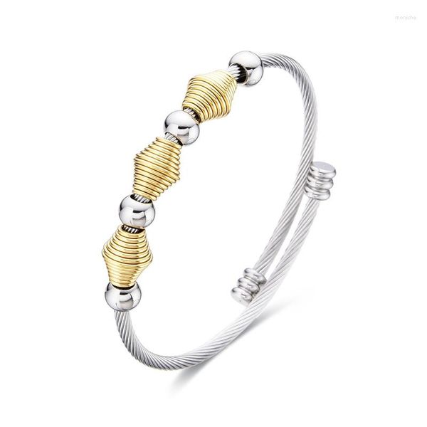 Brazalete Retro de acero inoxidable, pulsera abierta ajustable para mujer, joyería de aniversario, diseño de bobina de tornillo, cadena de cuentas, regalo de fiesta