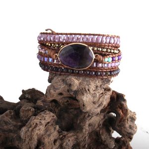 Bracelet Rh Fashion brassard perlé violet/gris cristal pierres naturelles charme 5x brins bracelets d'enveloppement livraison directe