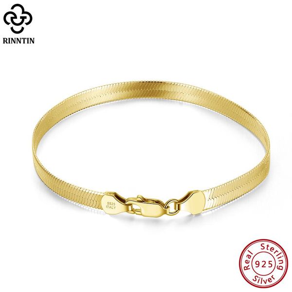 Brazalete Rinntin Chapado en oro de 18 quilates Plata de ley 925 Italiana Pulsera de cadena de espiga plana flexible de 4,5 mm para mujeres Hombres Joyería SB107