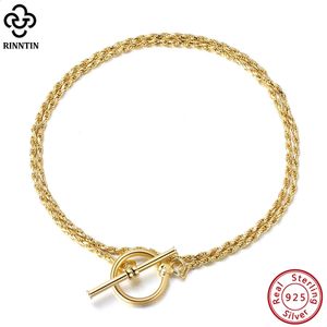 Bracelet Rinntin Trendy Italien OT Toggle Fermoir 925 Sterling Argent 1.5mm Tressé Chaîne Bracelet Plaqué Or 14K pour Femmes Bijoux SB121 231116