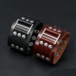 Bangle Rivet brede lederen armband manchet mtilayer wrap knop verstelbare armband pols voor mannen vrouwen mode sieraden zwart drop del dhyc2