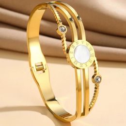 Bangle Roman White Numeral Disc para mujeres Hombres de acero inoxidable Hollow Out Out Apen Bracelet with Circon Jewelry Giftor