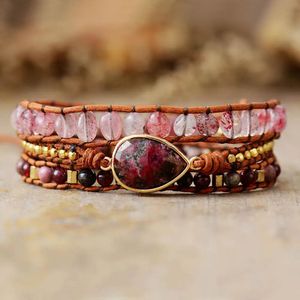 Bracelets enveloppe de vitesses de bracelet en rose 3 bracelets naturels en cuir perlé