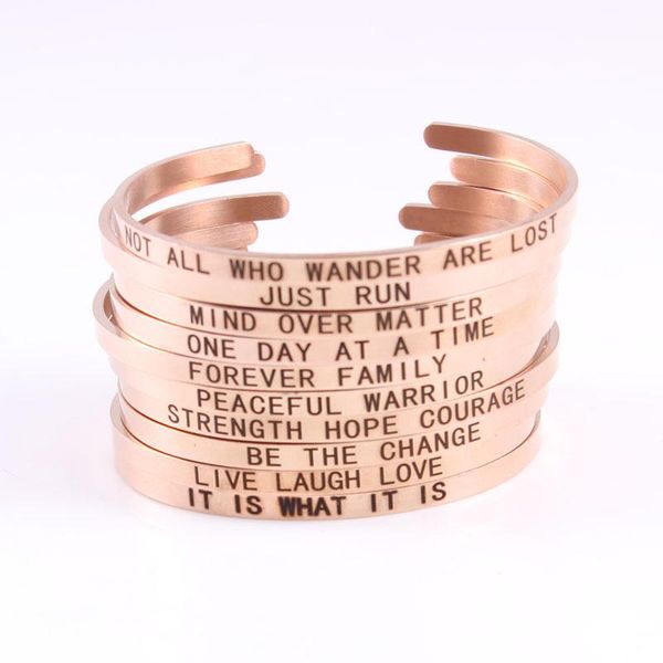 Bracelet en acier inoxydable couleur or rose 316L gravé citation inspirante positive manchette mantra bracelet élégant