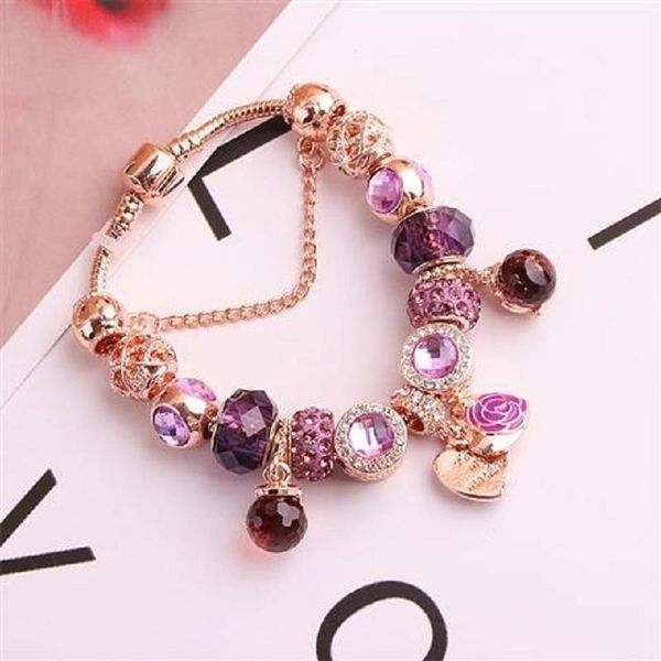 Bracelet Rose Gold Flower Heart Bracelet Cristal Perlé Strass Cadeau Pour Fille Et Mère